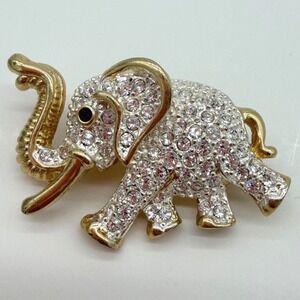 Roman Elephant Brooch Gold Tone Clear Rhinestone Pave Small Signed Vintage